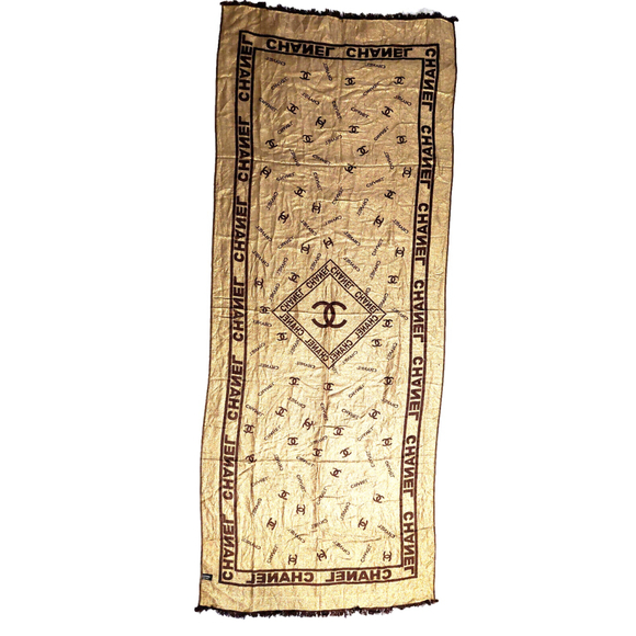 CHANEL Brown & Gold 100% Silk Reversible Shawl Wrap Scarf - Picture 7 of 16